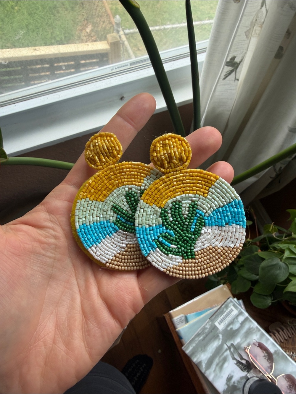Handmade Beaded Coastal Sun & Cactus Earrings - Yellow Blue Green